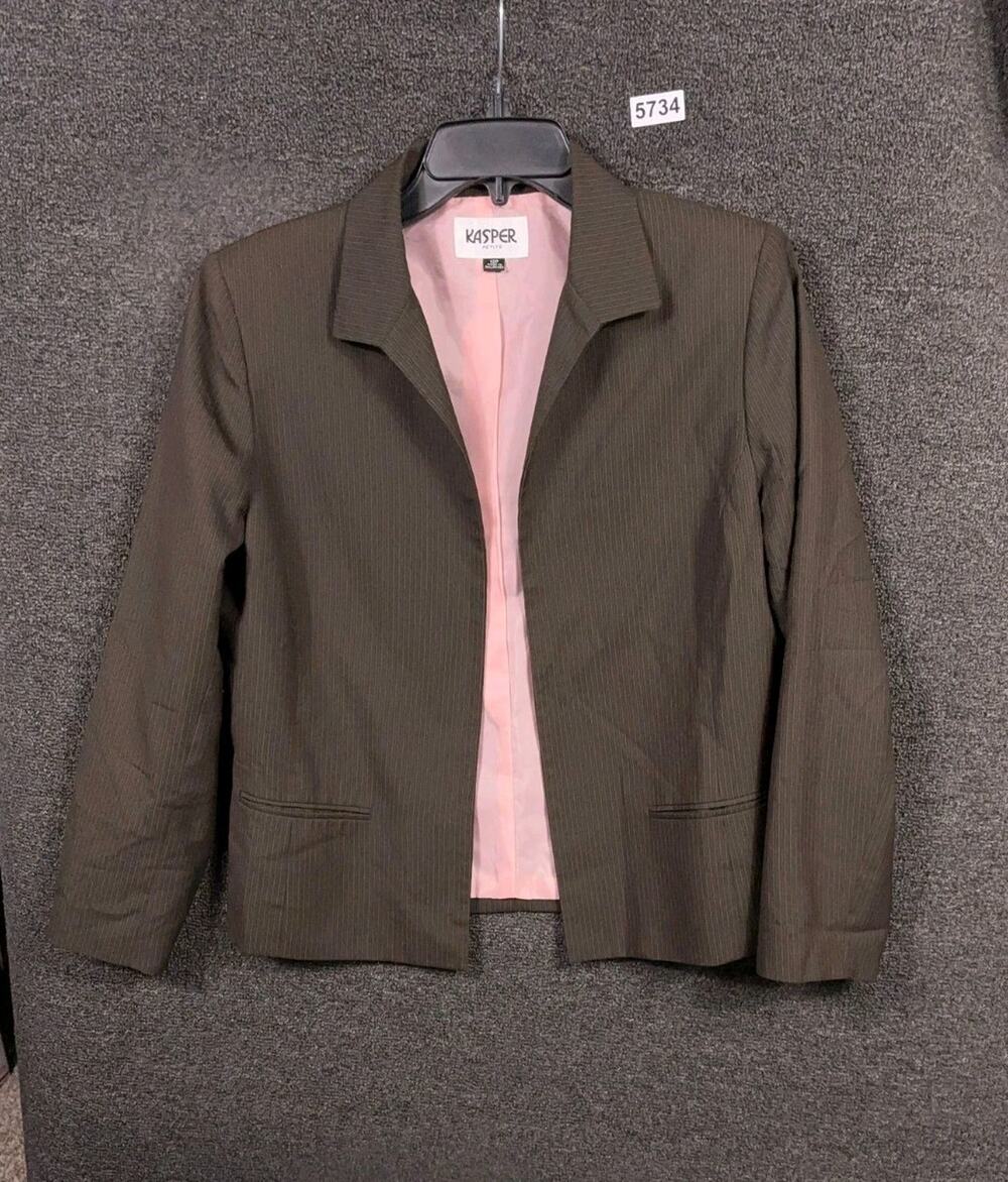Kasper Open Front Blazer Jacket Womens 12P Brown Pinstripe Long Sleeve Casual